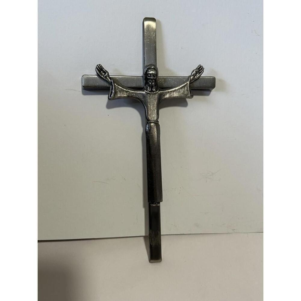 Vintage Satin Brushed Silver Metal Crucifix Jesus On Cross by Lovell Mfg
